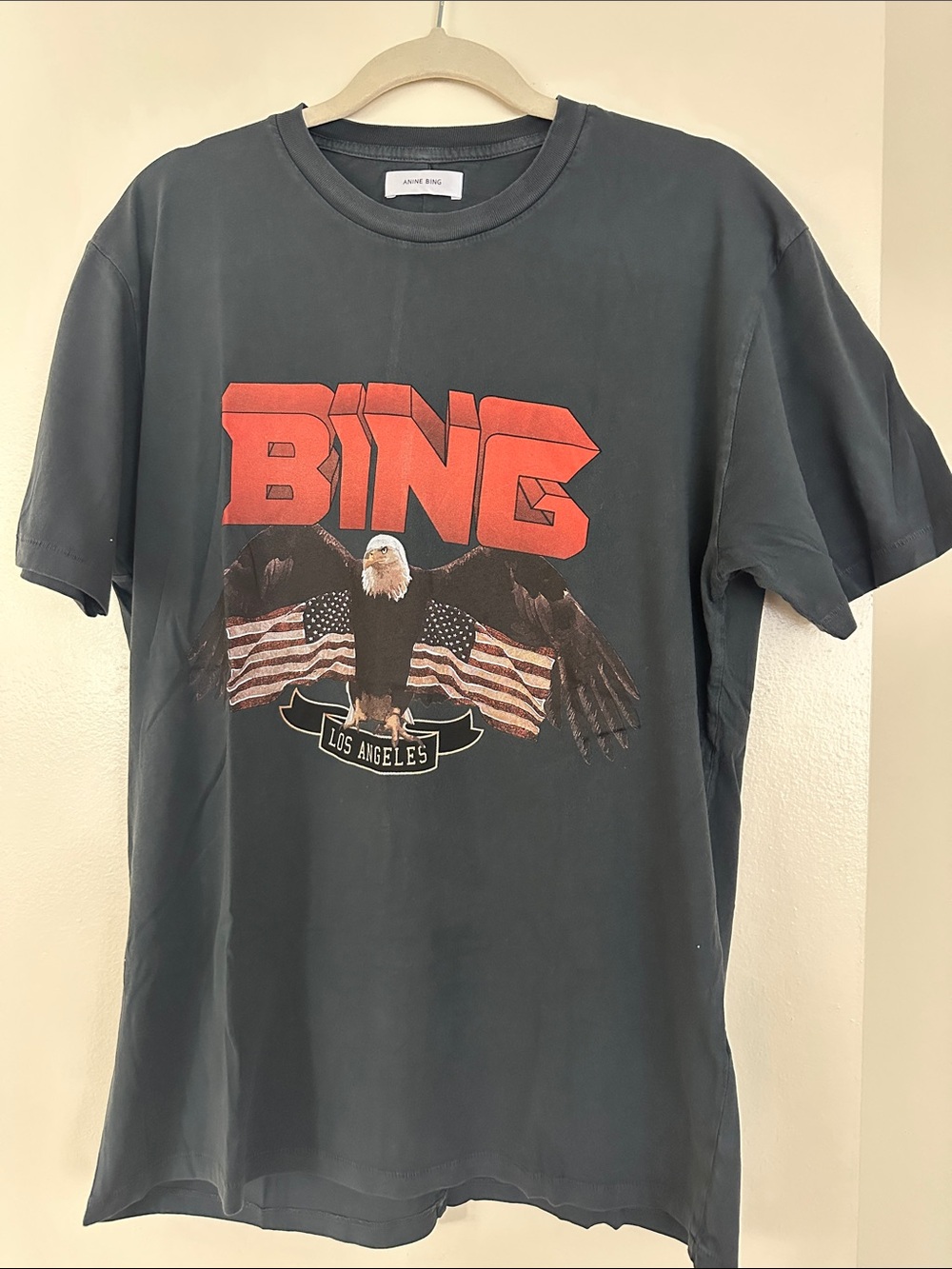 Anine Bing Black Tee with Red BING Logo and Eagle Graphic